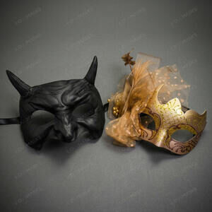 Black Horned Demon Mask & Gold Tulle Glitter Masquerade Couple Mask Set